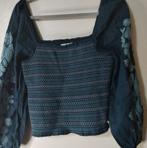 Anthropologie ribbed turquoise top with bell sleeves size small